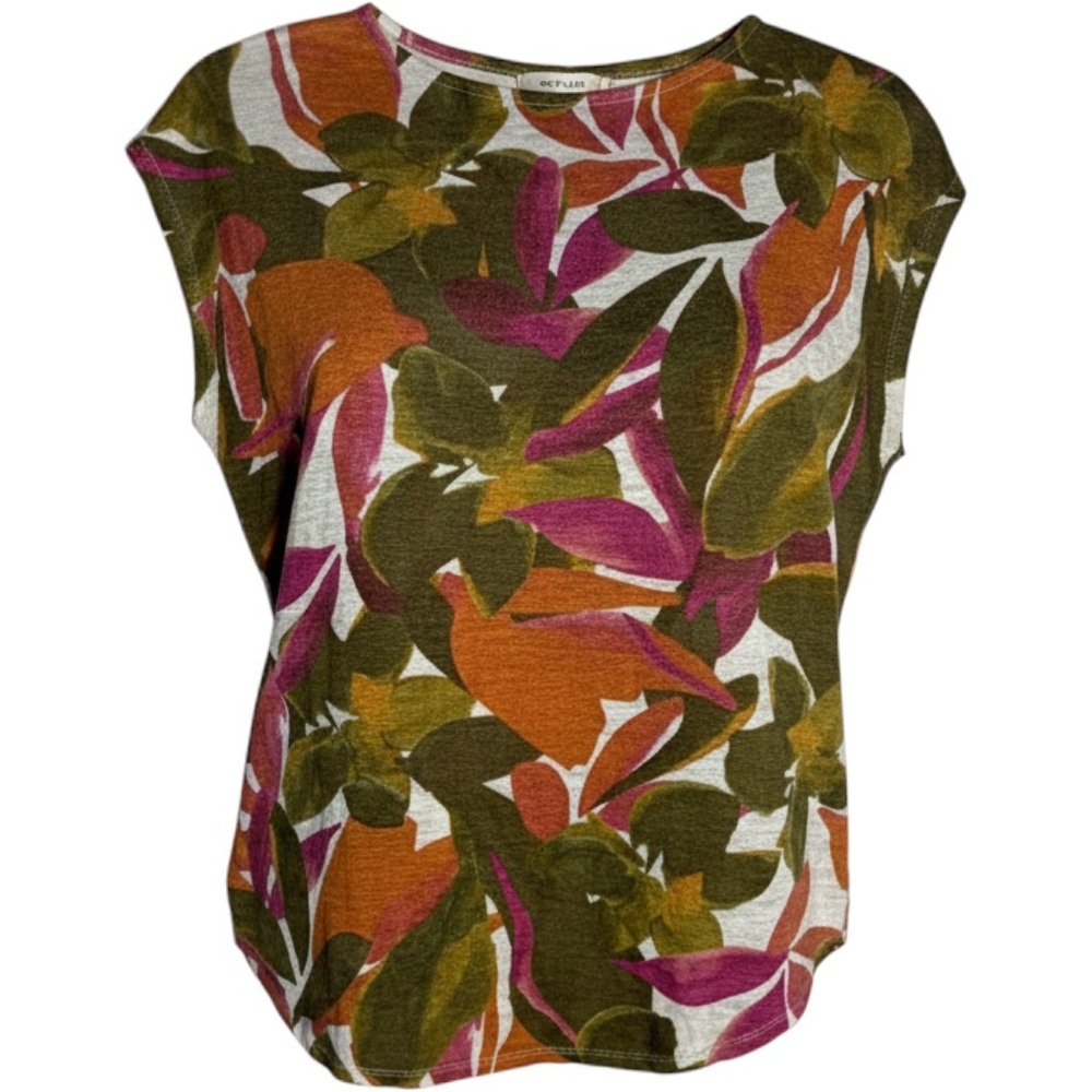 Tahari 100% Linen Tropical Leaf Sleeveless Top Green Orange Pink Lightweight
